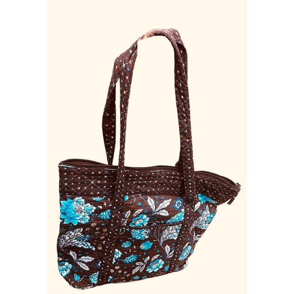 Floral Large Tote Bag in Brown , Blues, White, and Tan. 17” x 14” x 5.5” - Picture 2 of 9